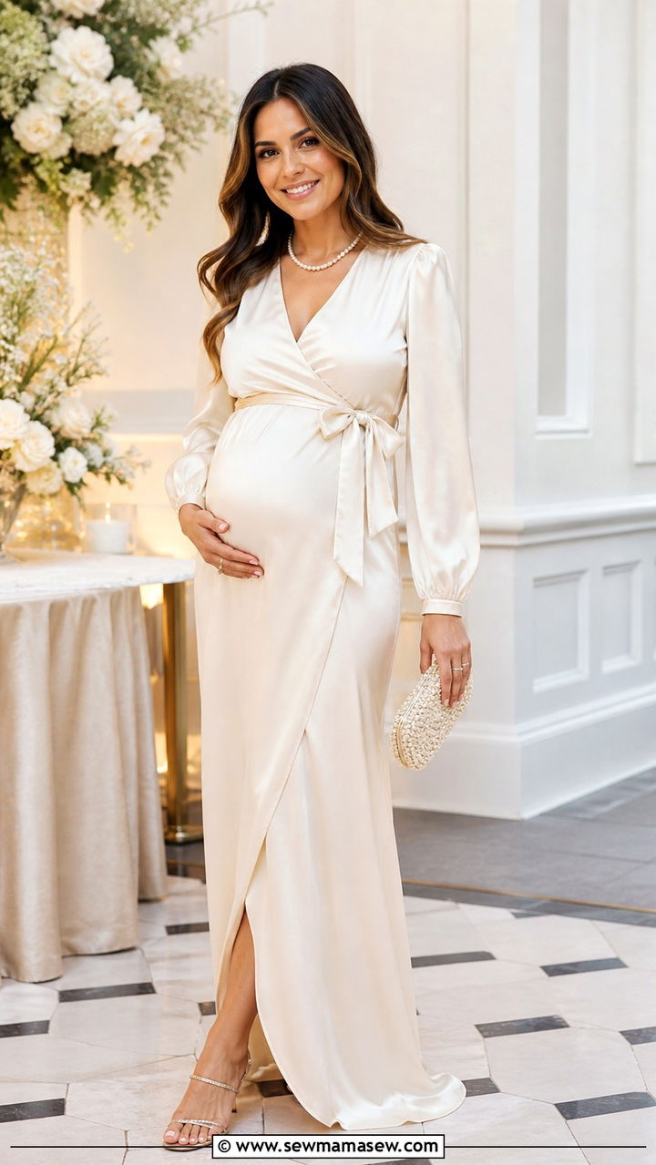 Creamy Satin Wrap Maxi Dress for the Mom to Be - 40 Spring baby shower outfits