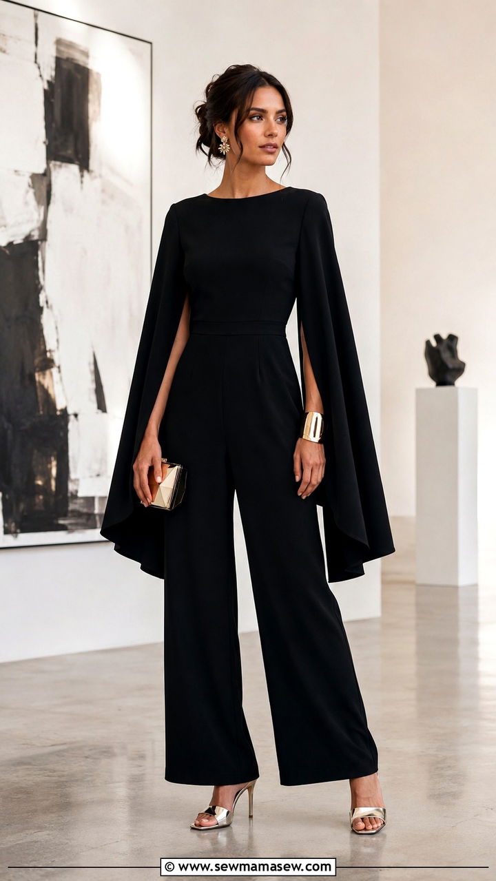 Crepe Jumpsuit With Cape Sleeves For Dramatic Wedding Entrance - 30 Jumpsuit outfit ideas for wedding guest