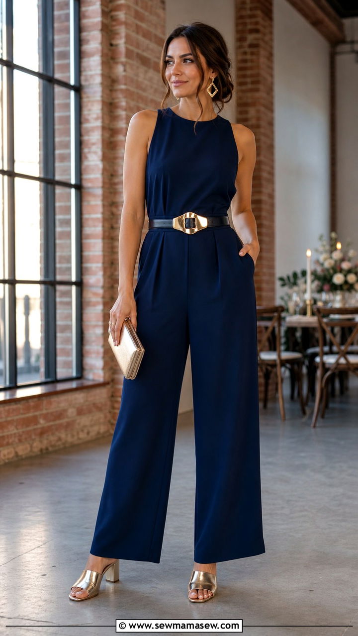 Crepe Jumpsuit With Statement Belt And Metallic Mules - 40 Casual wedding guest outfits