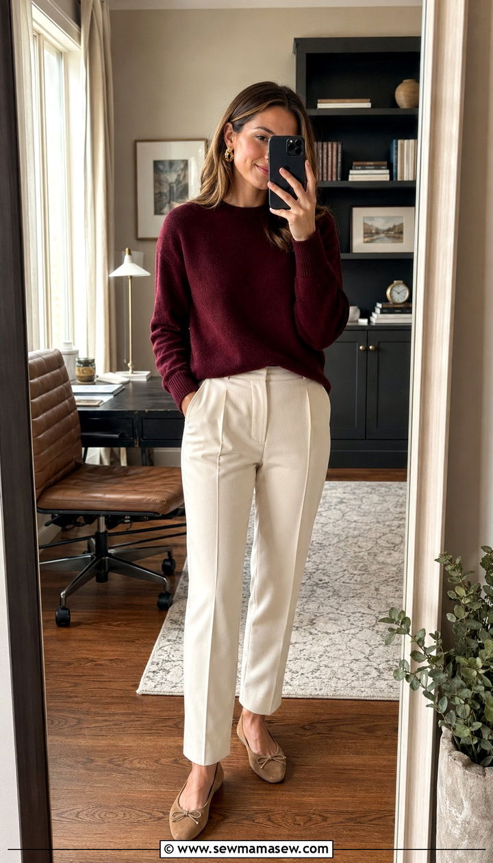 Crew Neck Sweater And Statement Earrings Outfit - 30 Zoom interview outfit ideas