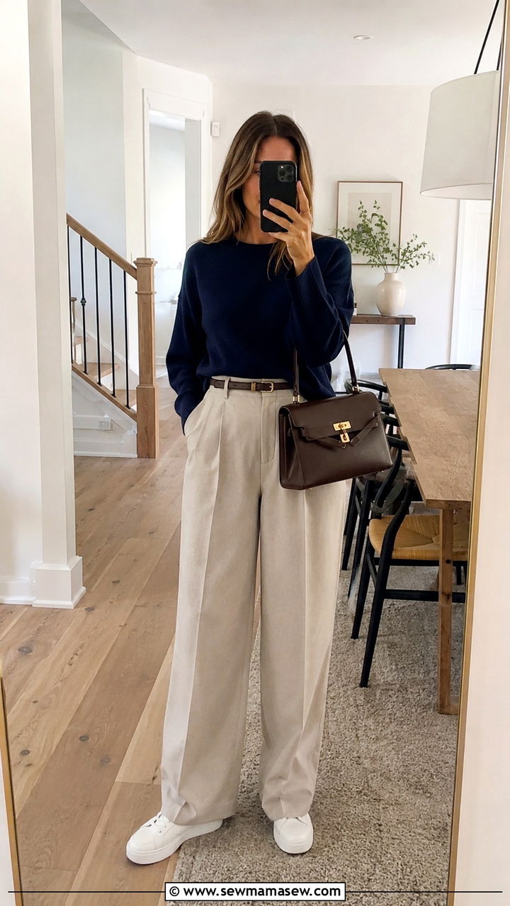 Crew Neck Sweater And Wide Leg Trousers - 25 Wide leg pants outfit ideas with a sweater