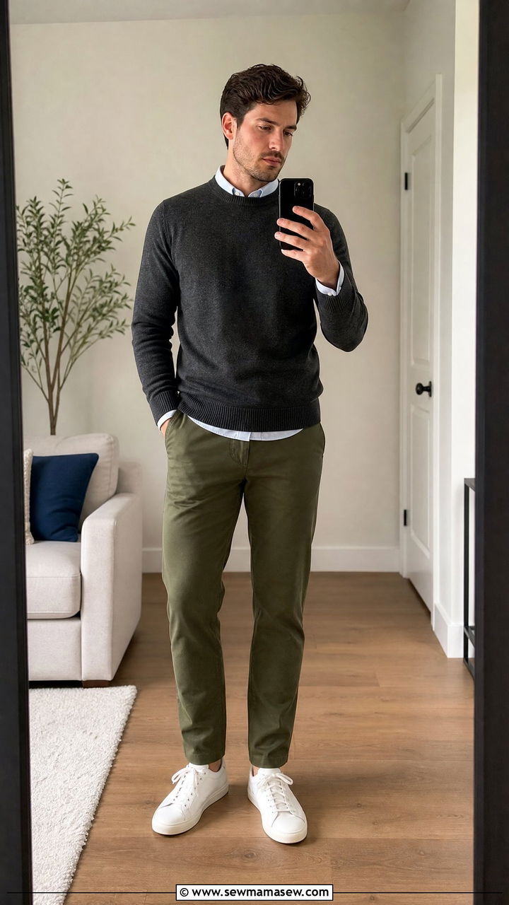 Crew Neck Sweater with Chinos and Sneakers - 25 Business casual outfits with sneakers