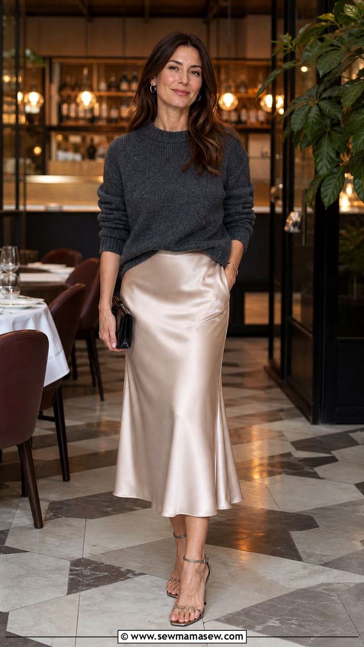 Crew Neck Sweater with Satin Midi Skirt and Heels - 20 40 year old woman outfit ideas