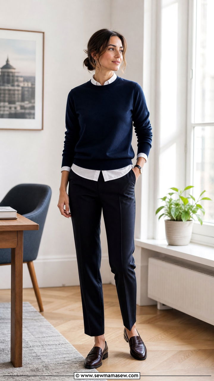Crew Neck Sweatshirt Layered Over A Collared Shirt - 30 Crew neck sweatshirt outfit ideas