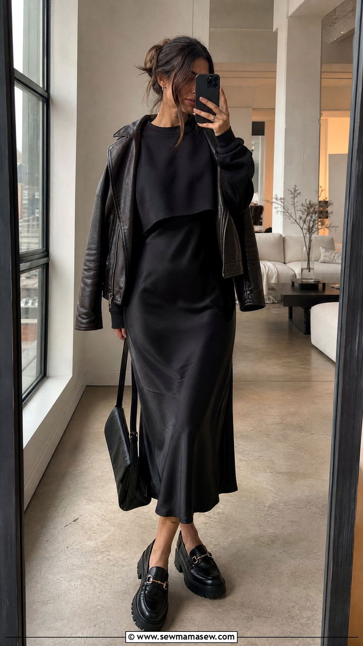 Crew Neck Sweatshirt Layered Over A Slip Dress - 30 Crew neck sweatshirt outfit ideas