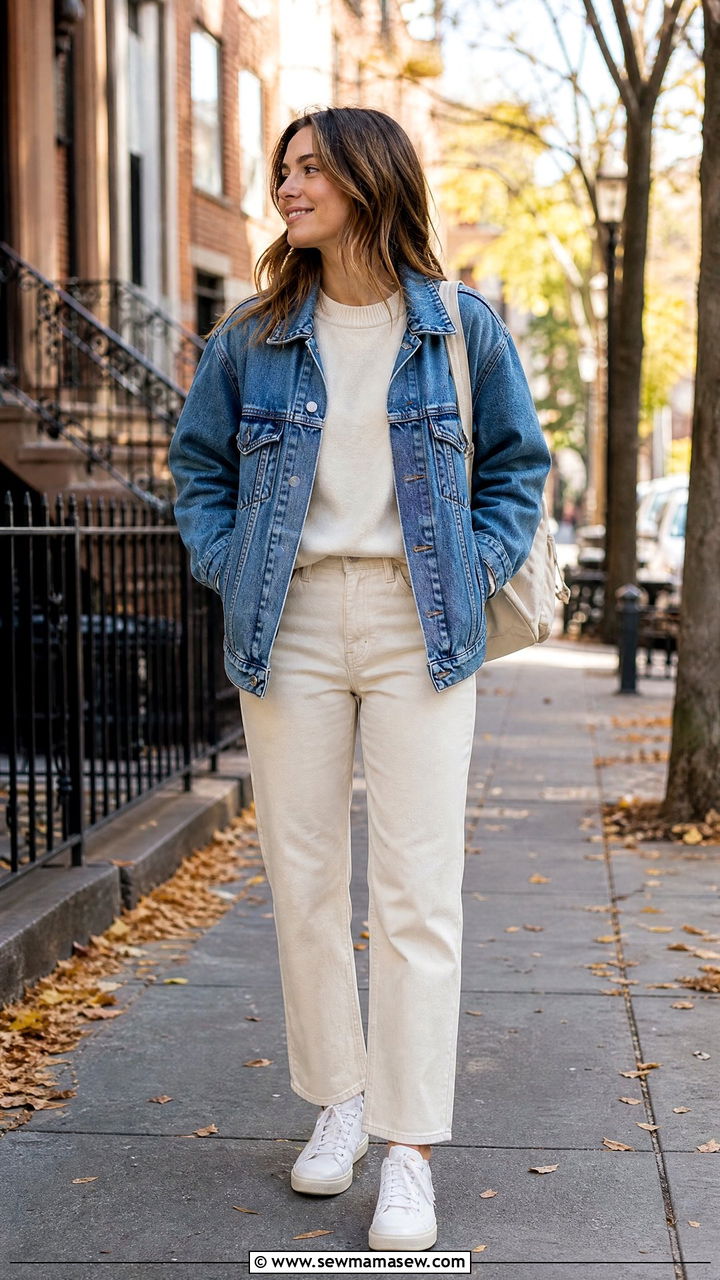Crew Neck Sweatshirt Under A Denim Jacket - 30 Crew neck sweatshirt outfit ideas