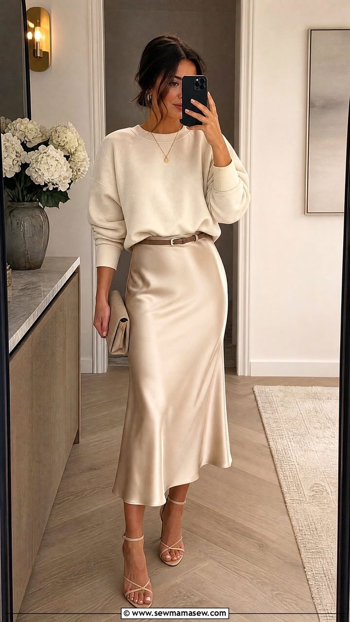 Crew Neck Sweatshirt With A Midi Slip Skirt - 30 Crew neck sweatshirt outfit ideas