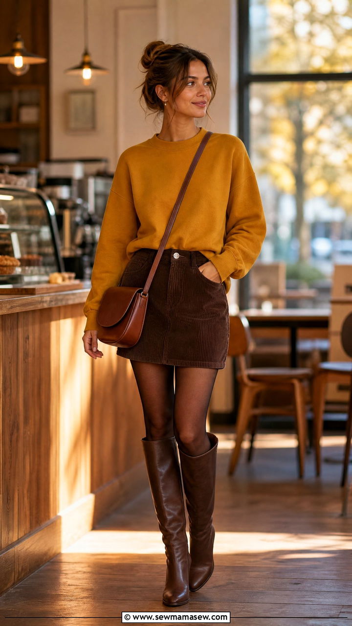 Crew Neck Sweatshirt With Corduroy Skirt - 30 Crew neck sweatshirt outfit ideas
