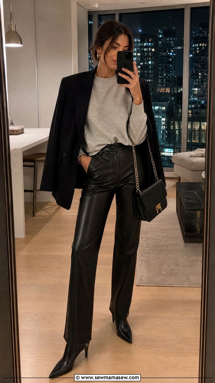 Crew Neck Sweatshirt With Leather Pants - 30 Crew neck sweatshirt outfit ideas