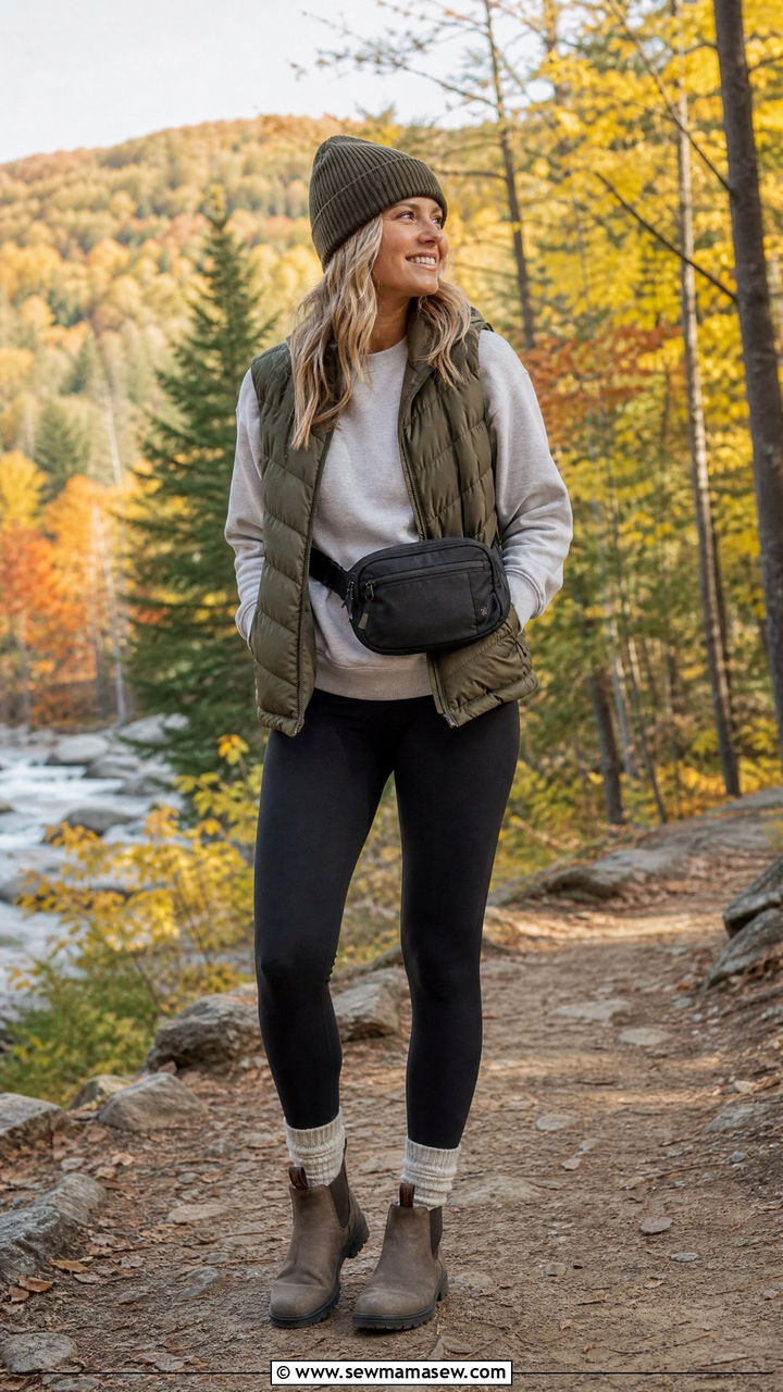 Crew Neck Sweatshirt With Leggings And A Puffer Vest - 30 Crew neck sweatshirt outfit ideas