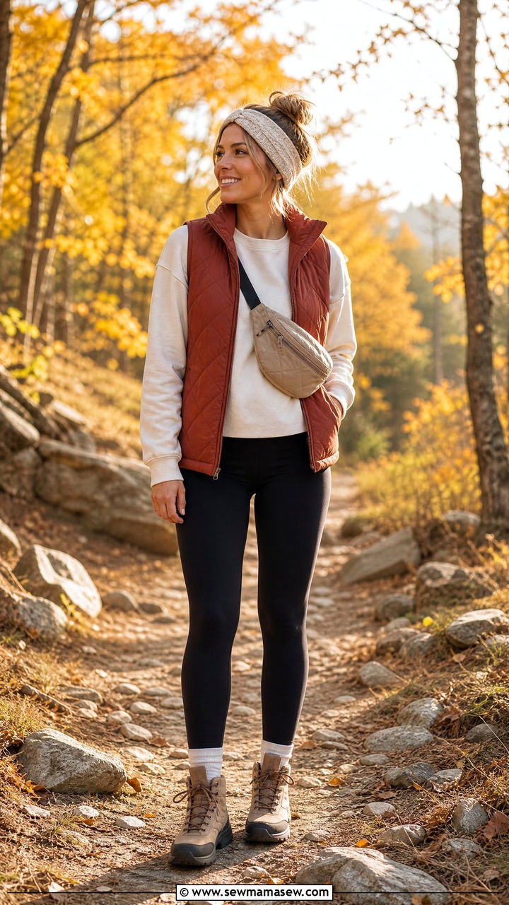 Crew Neck Sweatshirt With Quilted Vest And Leggings - 30 Crew neck sweatshirt outfit ideas