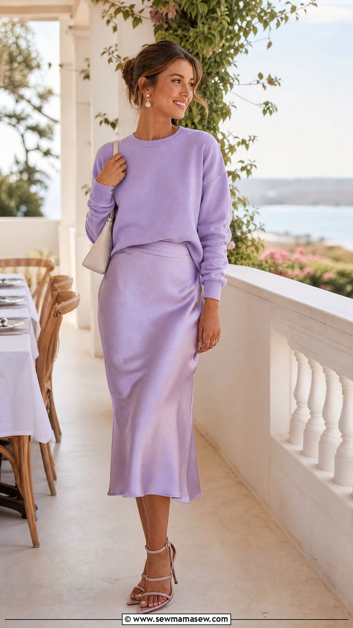 Crew Neck Sweatshirt With Satin Midi Skirt - 30 Crew neck sweatshirt outfit ideas