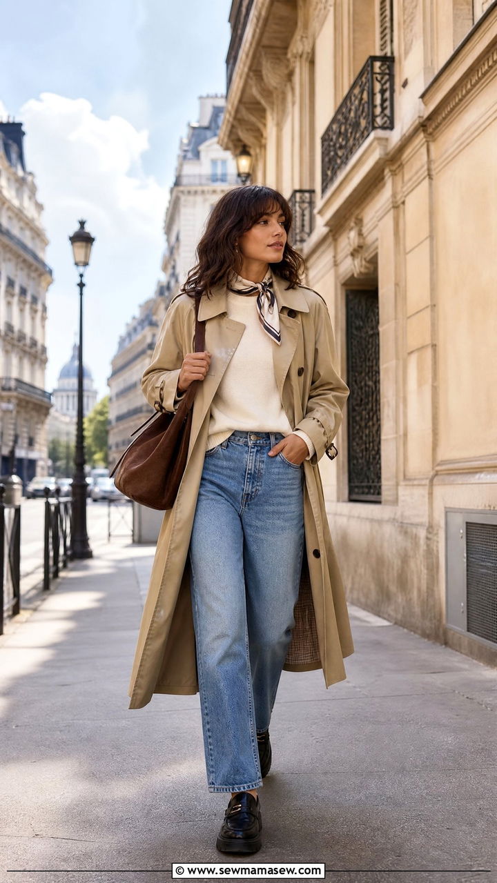 Crew Neck Sweatshirt With Trench Coat And Jeans - 30 Crew neck sweatshirt outfit ideas