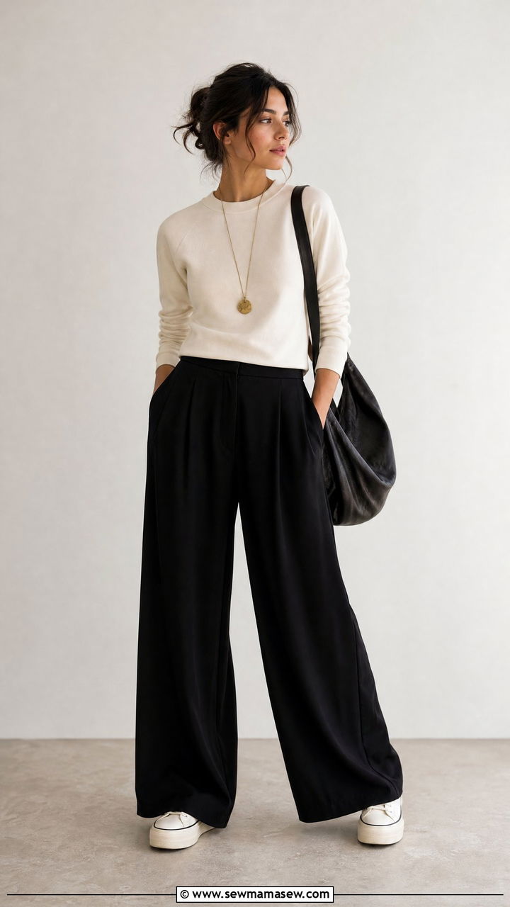 Crew Neck Sweatshirt With Wide Leg Pants - 30 Crew neck sweatshirt outfit ideas