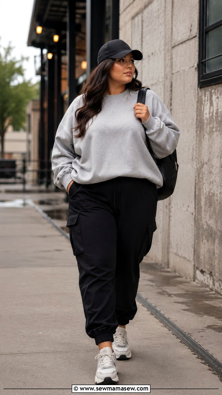 Crew Neck Sweatshirt with Cargo Joggers - 30 Plus size outfit ideas for travel