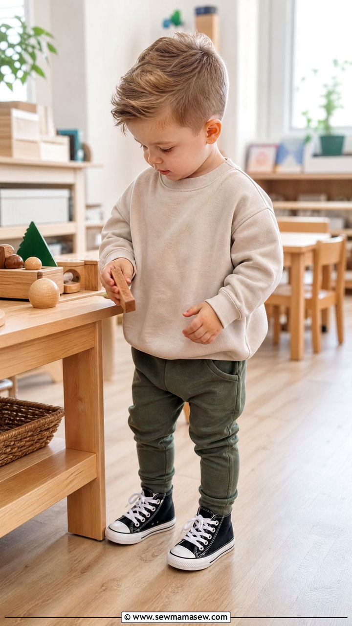 Crew Neck Sweatshirt with Joggers and High Top Sneakers - 25 First day of preschool outfit ideas