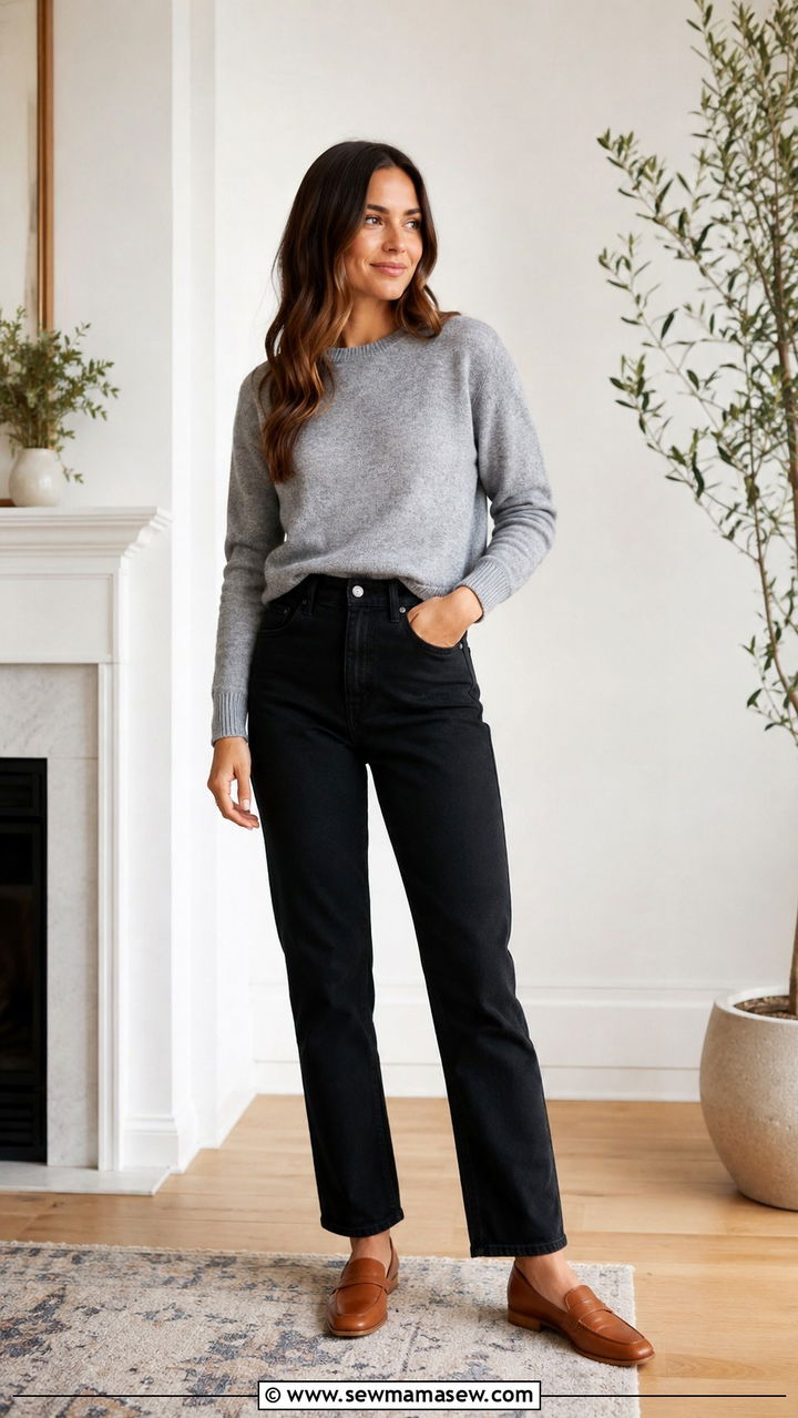 Crew neck sweater with black jeans and loafers - 30 Sweater outfit ideas for women over 40