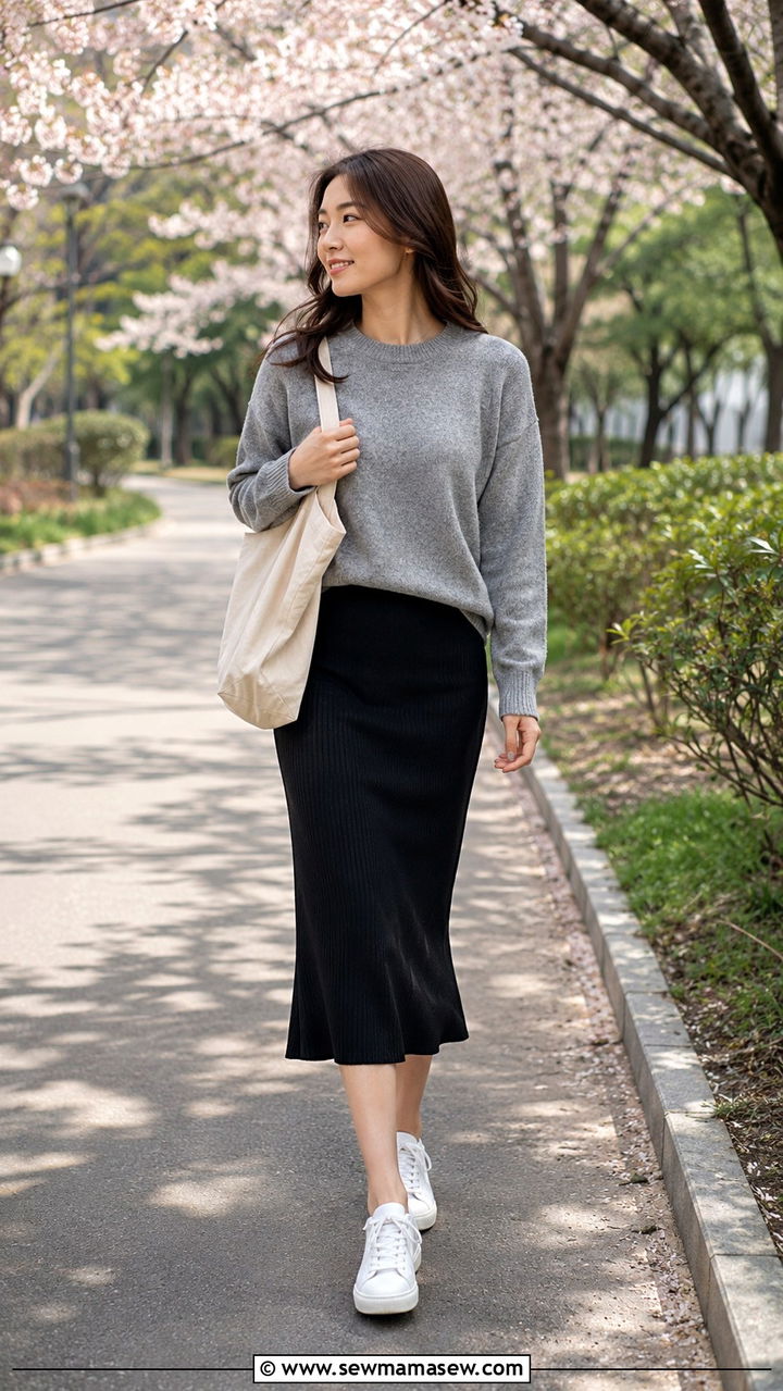 Crew neck sweater with midi skirt and white sneakers - 30 Midi skirt outfit ideas with a sweater