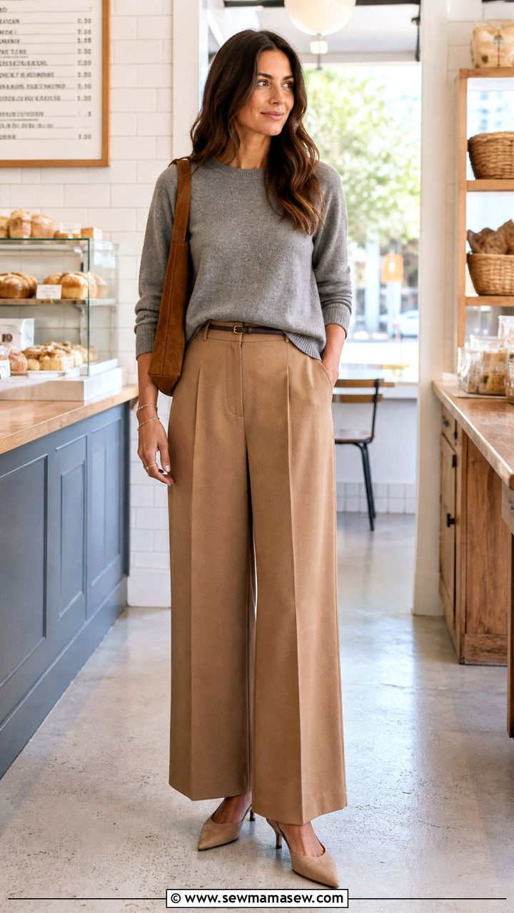 Crew neck sweater with tailored pants outfit - 40 Parisian chic outfit ideas