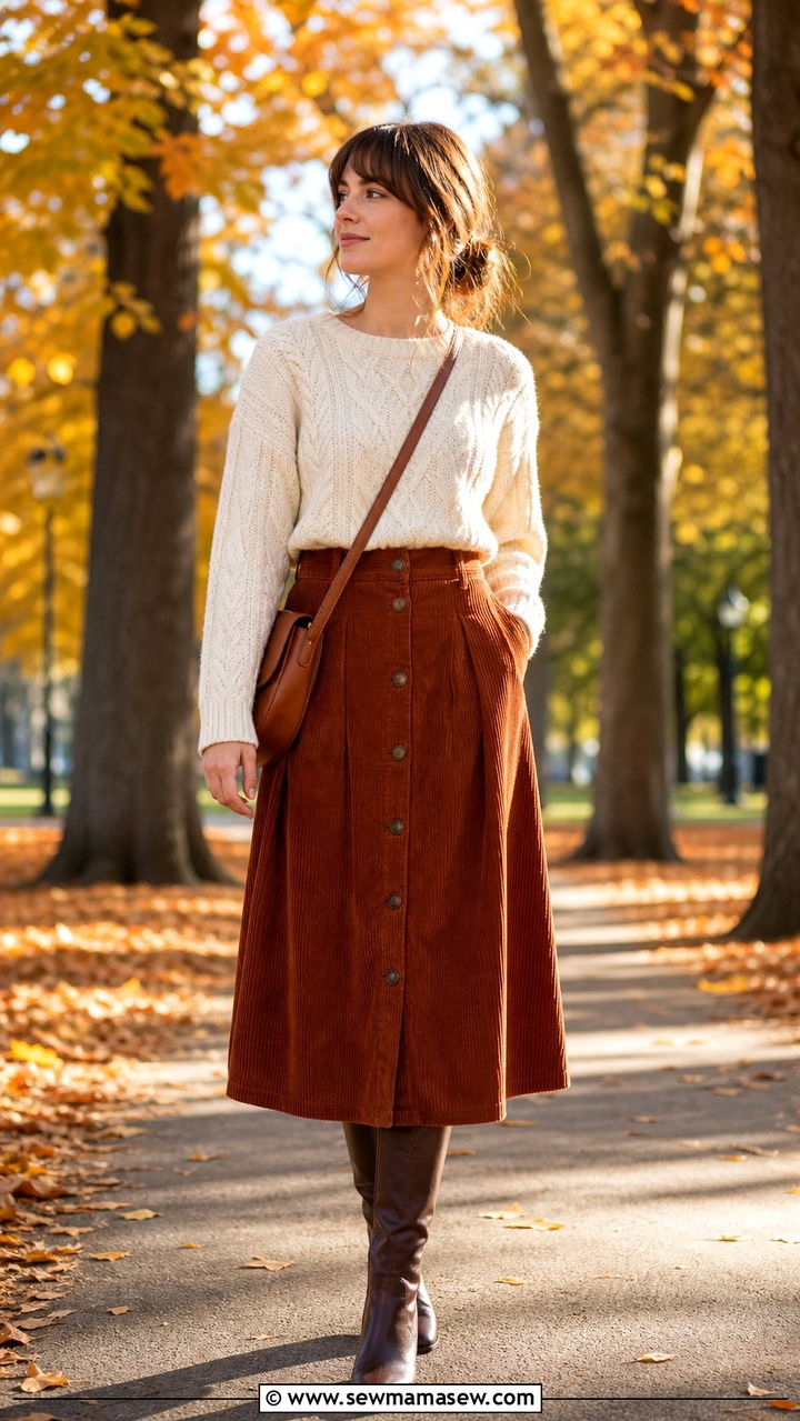 Crewneck Cable Knit Sweater With Corduroy Midi Skirt - 25 cute librarian core outfits