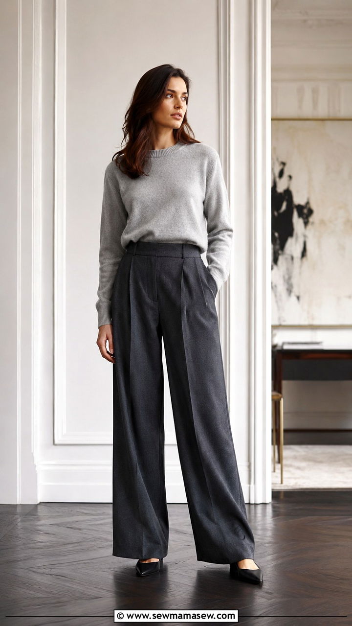 Crewneck Cashmere Sweater with Pleated Wide Leg Trousers - 25 work outfits for pear shaped body