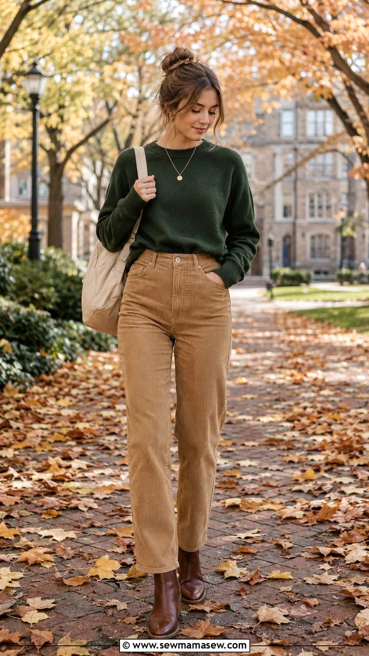 Crewneck Sweater And Corduroy Pants School Outfit - 30 classy school outfits