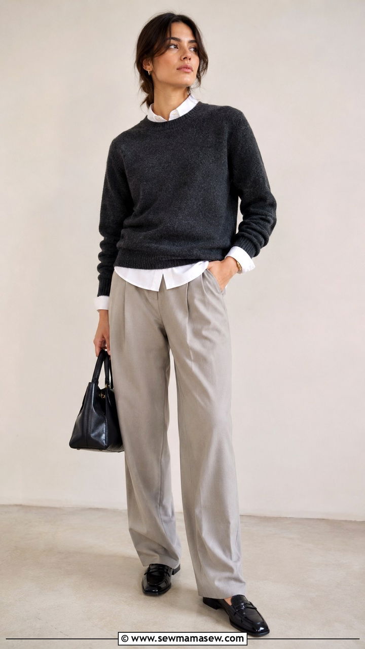 Crewneck Sweater Over a Collared Shirt and Relaxed Trousers - 30 casual model off duty outfits