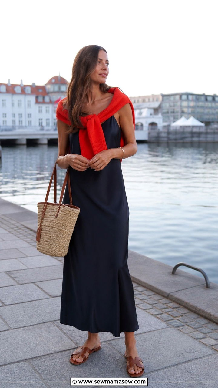 Crewneck Sweater Thrown Over A Summer Slip Dress - 40 summer scandinavian outfits