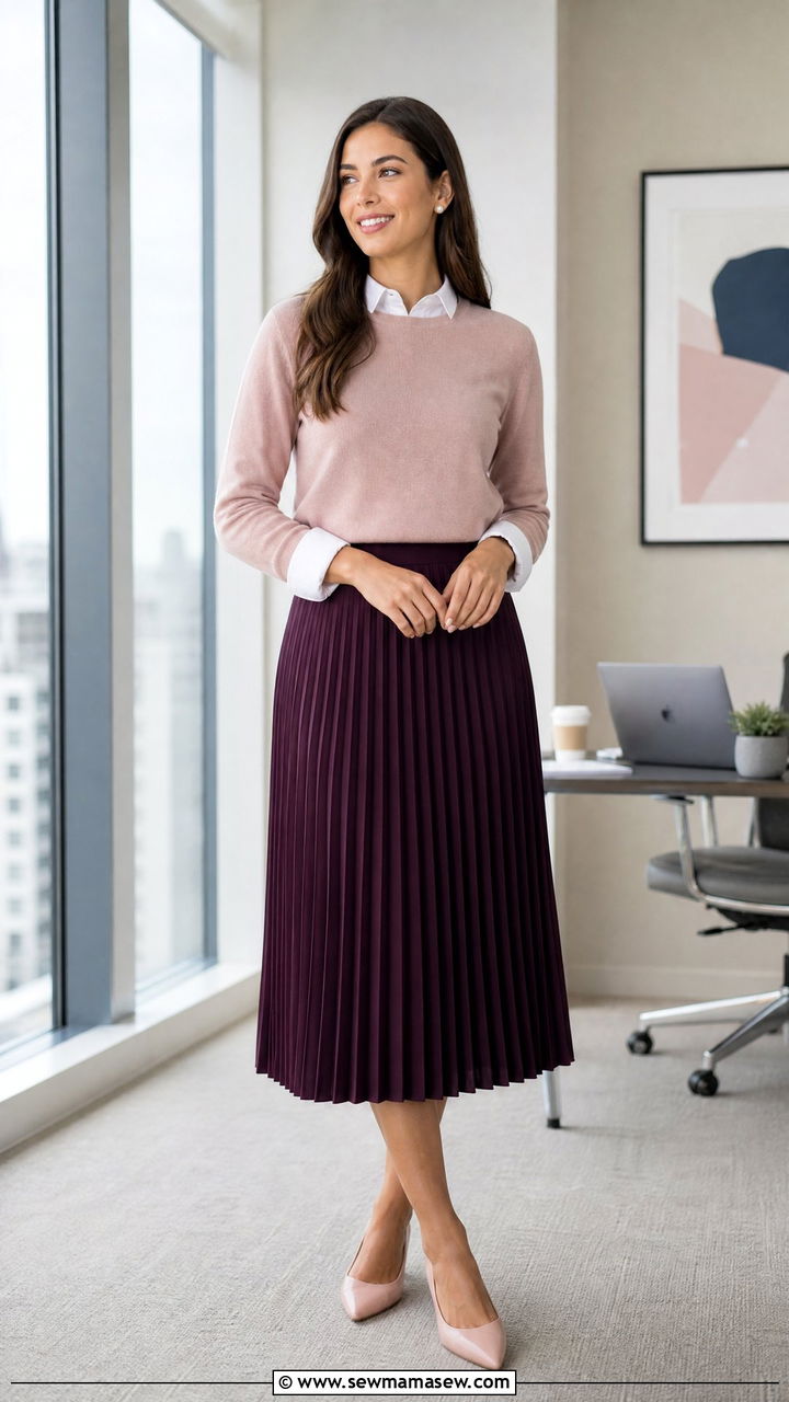 Crewneck Sweater With Collared Shirt And Pleated Midi Skirt - 30 preppy outfit ideas for women