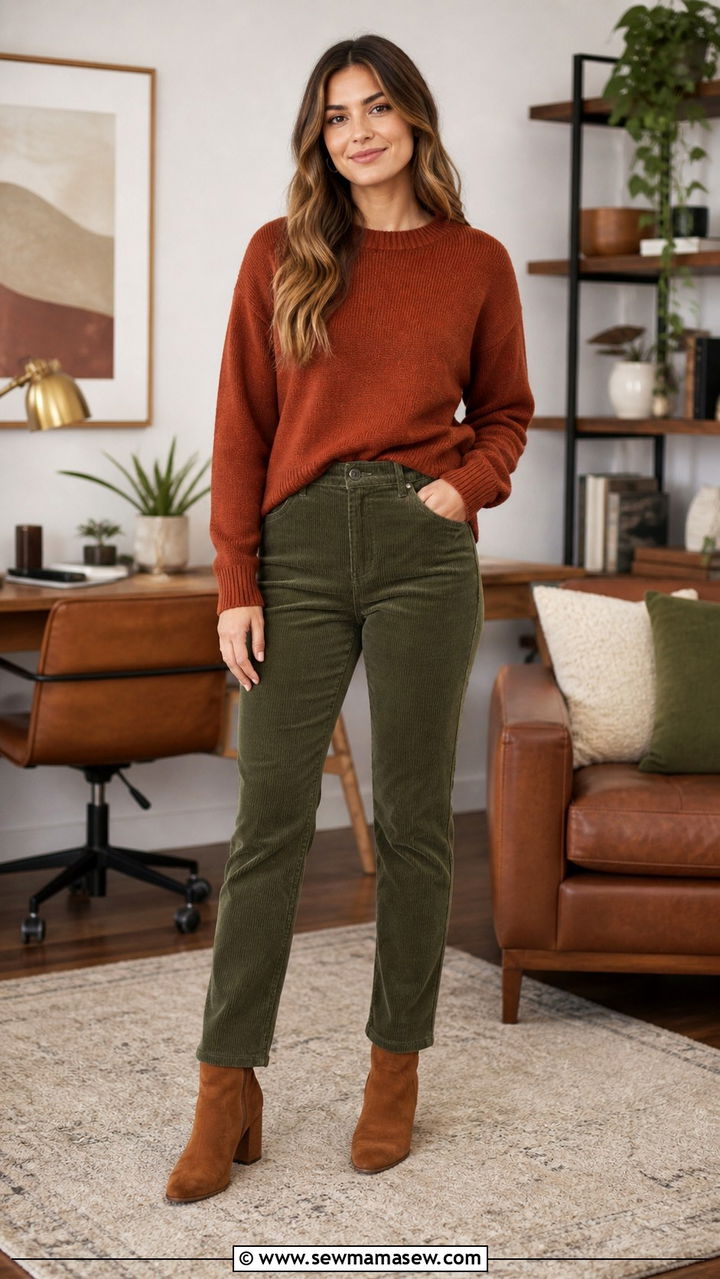 Crewneck Sweater With Corduroy Pants - 40 Casual office outfit ideas