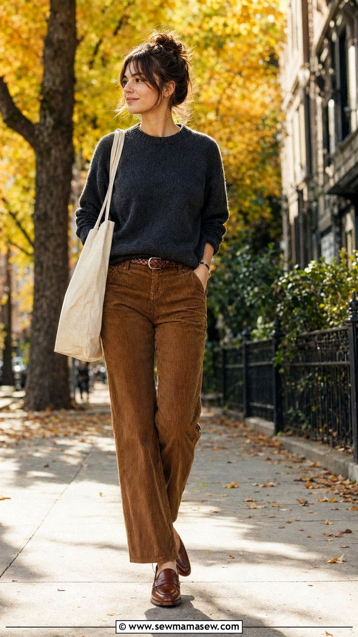 Crewneck Sweater With Corduroy Trousers and Leather Loafers - 35 90s capsule wardrobe outfits