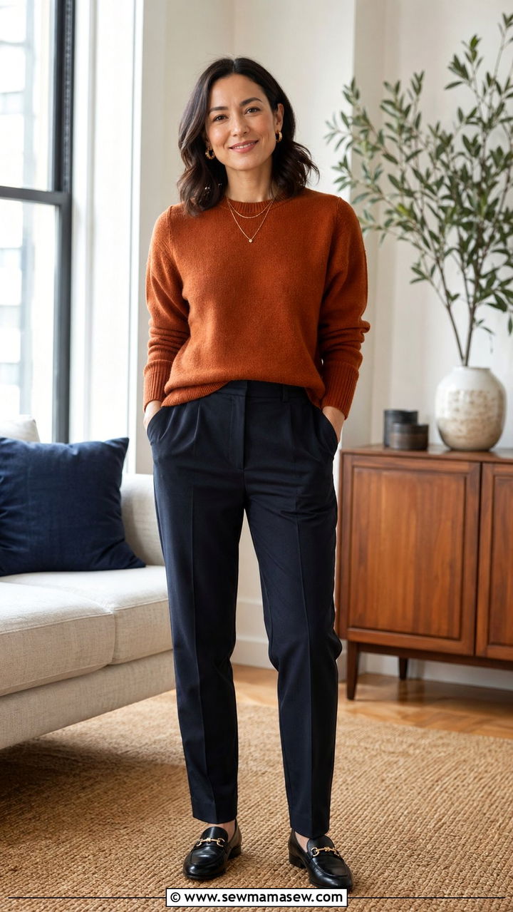 Crewneck Sweater With Layered Necklaces And Statement Earrings - 30 Zoom meeting outfit ideas