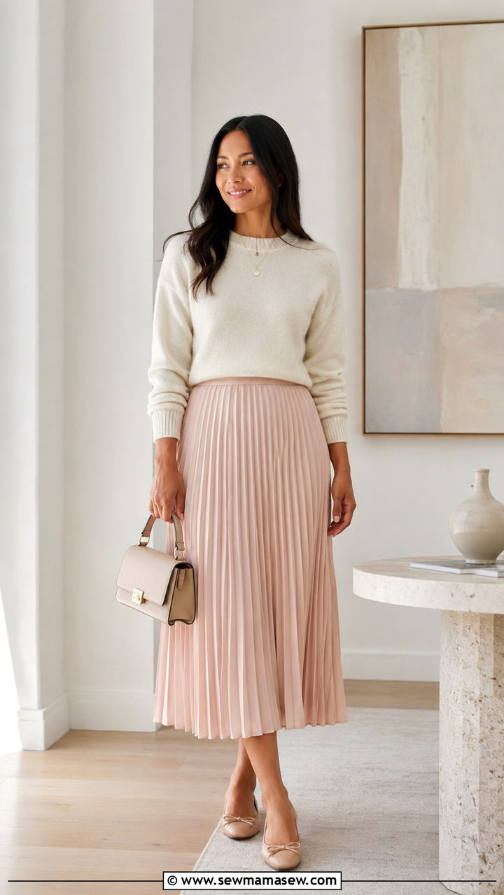 Crewneck Sweater With Pleated Midi Skirt - 30 classy outfits for pear shaped body