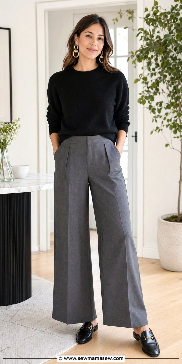 Crewneck Sweater With Statement Earrings And Wide Leg Pants - 30 Zoom meeting outfit ideas