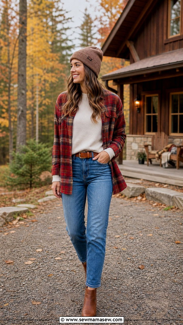 Crewneck Sweater With Straight Jeans and a Plaid Overshirt - 40 casual vacation outfits