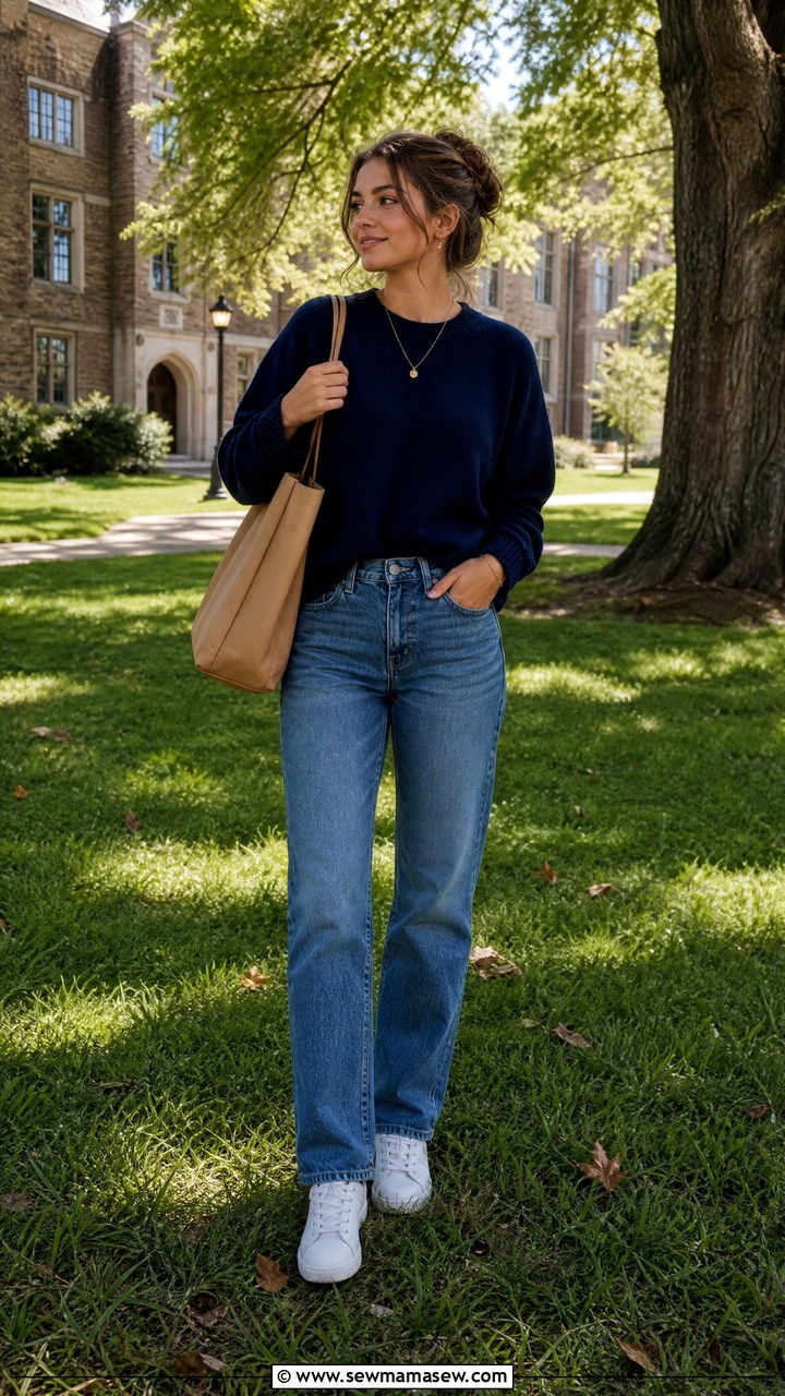 Crewneck Sweater With Straight Leg Jeans And Gold Jewelry - 30 school outfits Pinterest