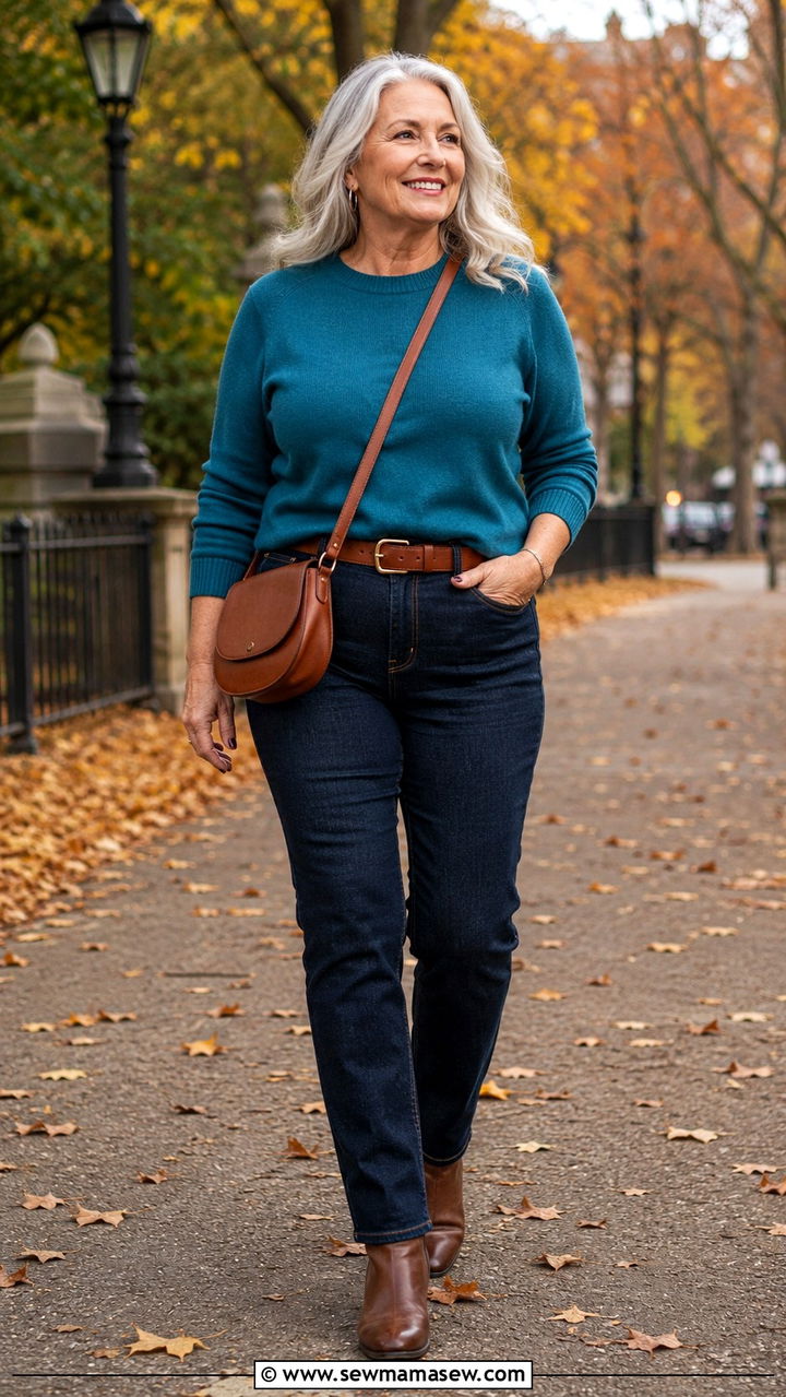 Crewneck Sweater and Dark Wash Jeans Outfit - 25 Plus size outfit ideas for women over 70