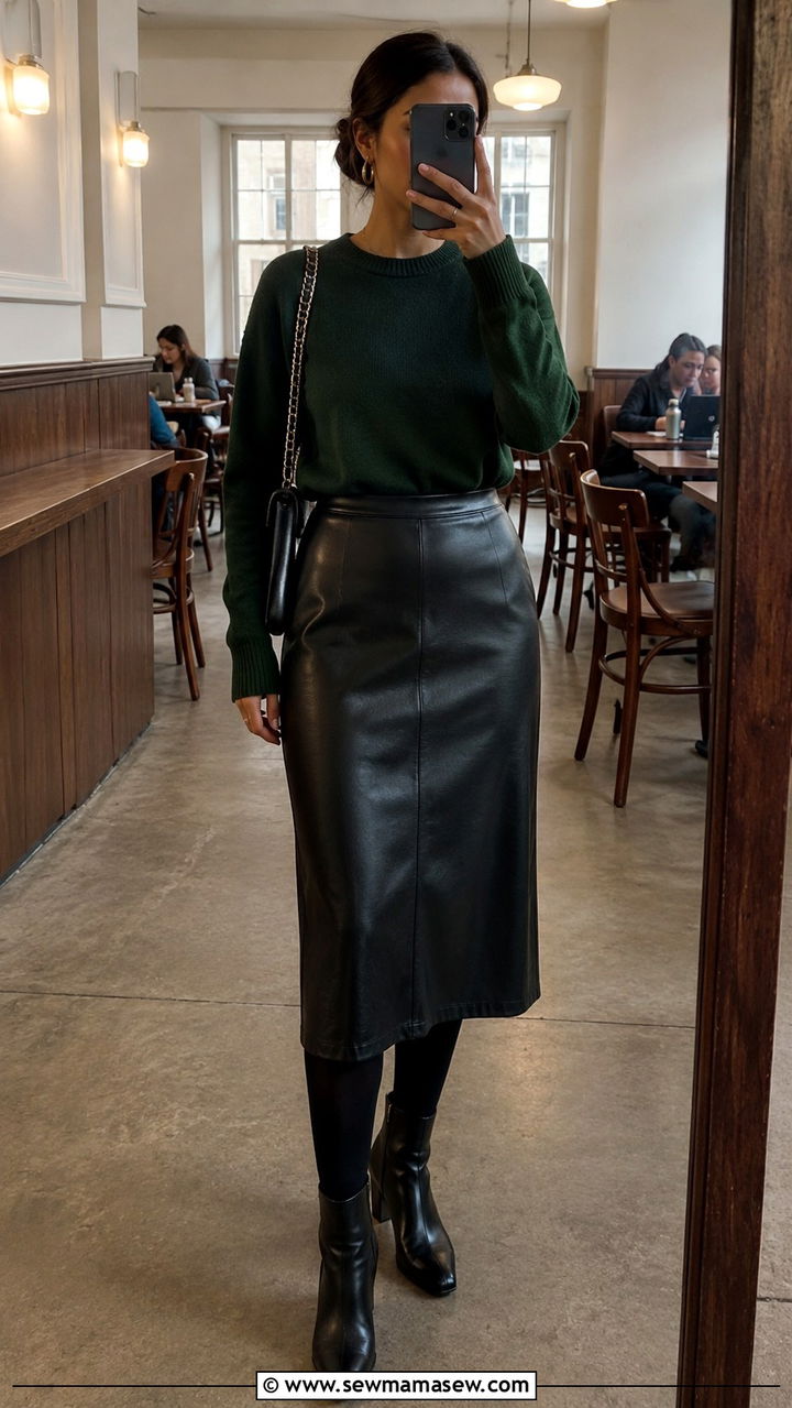 Crewneck Sweater and Leather Midi Skirt Outfit - 30 MBA student outfit ideas