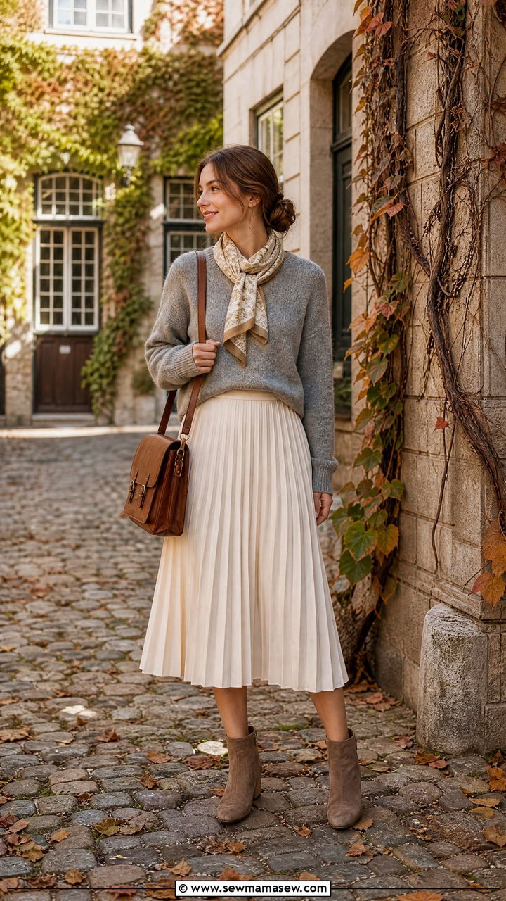 Crewneck Sweater and Pleated Skirt With Scarf - 25 classy light academia outfit ideas