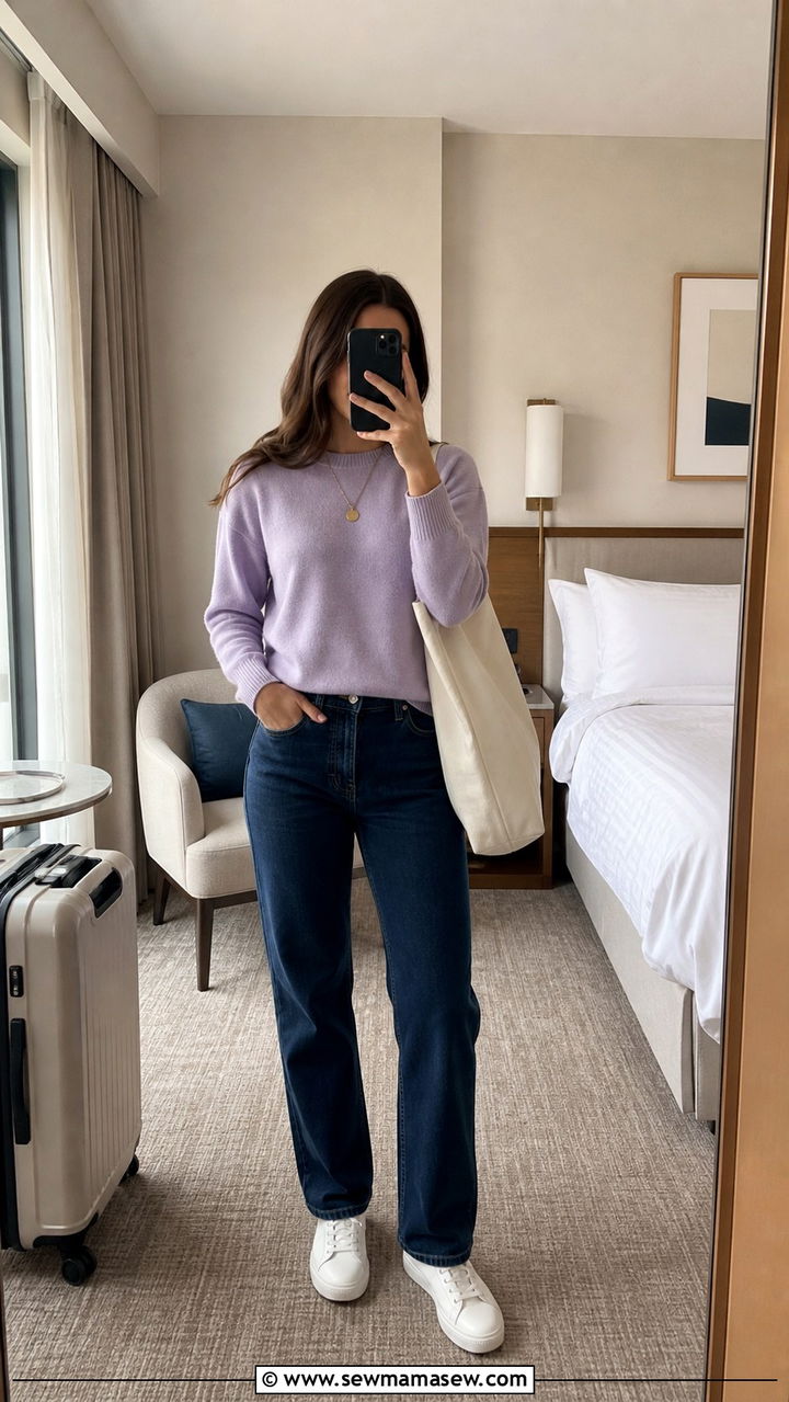 Crewneck Sweater and Straight Leg Jeans Travel Outfit - 40 what to wear for travel