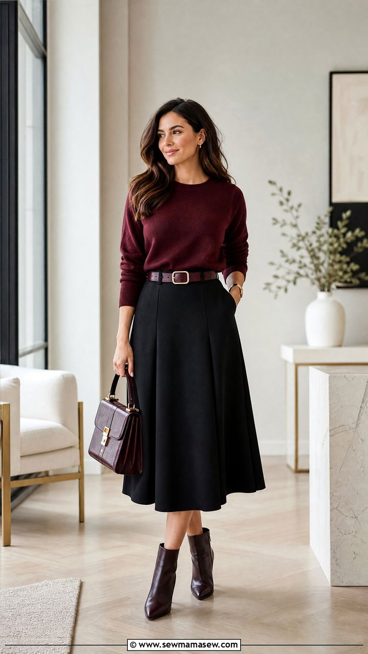 Crewneck Sweater with A Line Midi Skirt Outfit - 30 modest classy outfits ideas