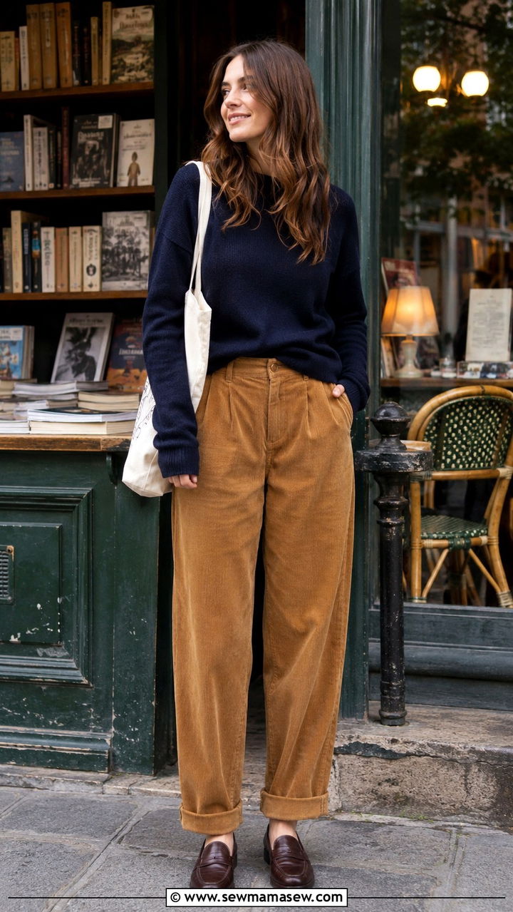 Crewneck Sweater with Corduroy Trousers and Loafers - 30 Parisian street style outfit ideas