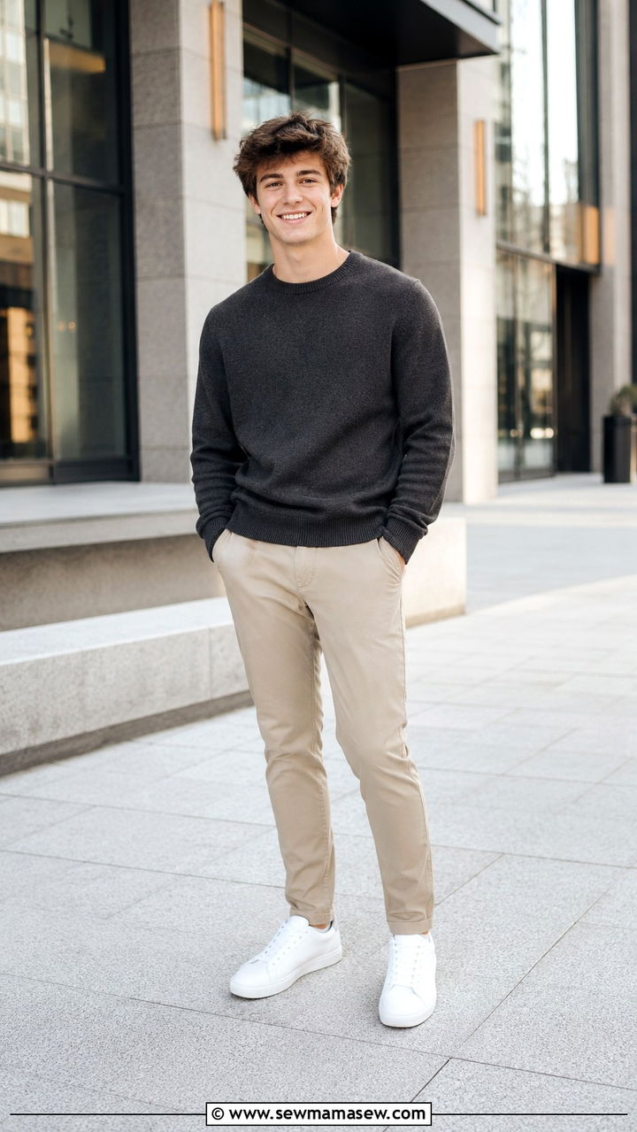Crewneck Sweater with Khakis and White Sneakers - 30 Senior photo outfit ideas for guys