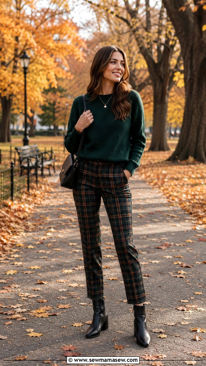 Crewneck Sweater with Plaid Trousers and Leather Ankle Boots - 30 preppy capsule wardrobe outfits