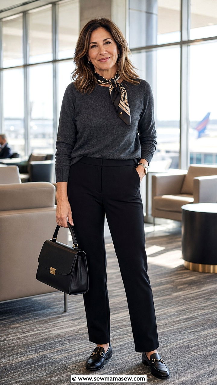 Crewneck Sweater with Ponte Pants Travel Look - 25 What to wear on a plane over 40