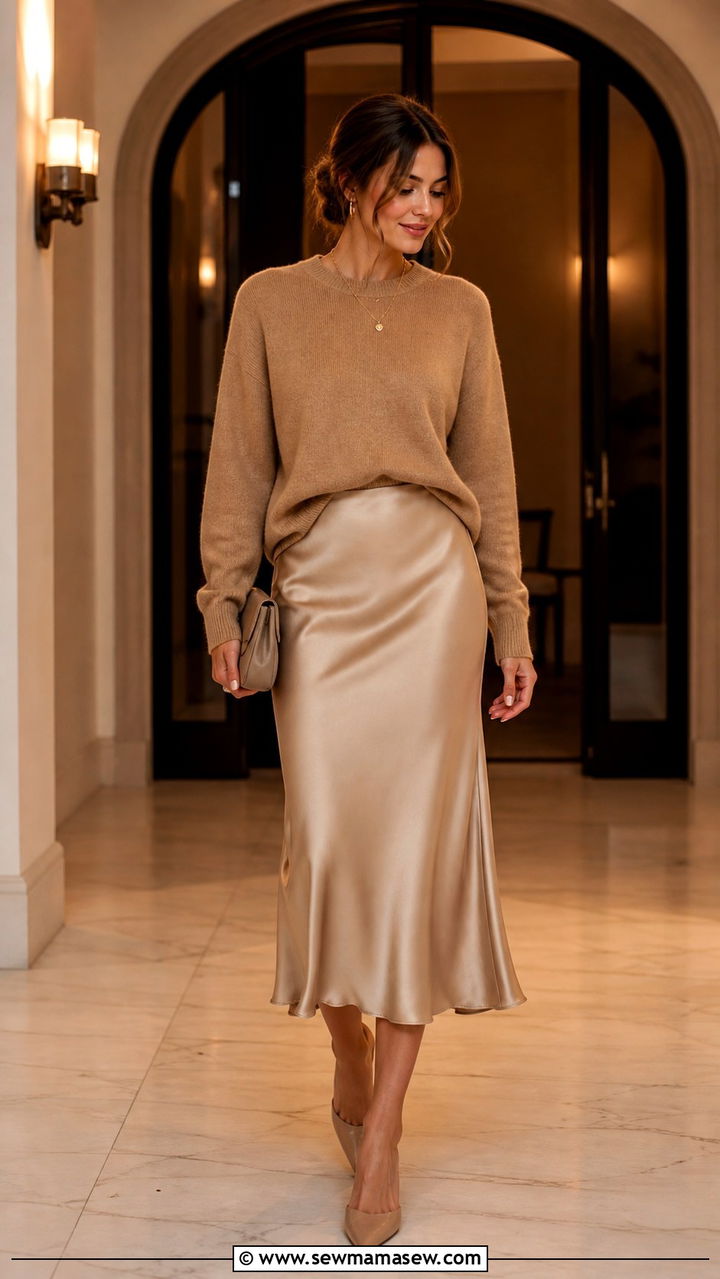 Crewneck Sweater with Satin Skirt Outfit - 40 Classic outfit ideas