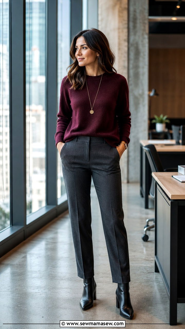 Crewneck Sweater with Tailored Trousers - 30 Office outfits with trousers
