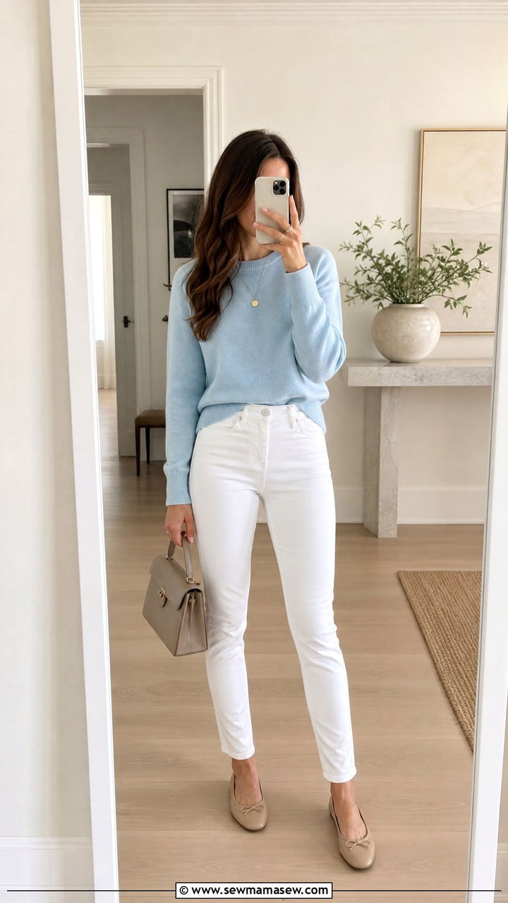 Crewneck Sweater with White Jeans and Ballet Flats - 35 How to style a sweater in spring