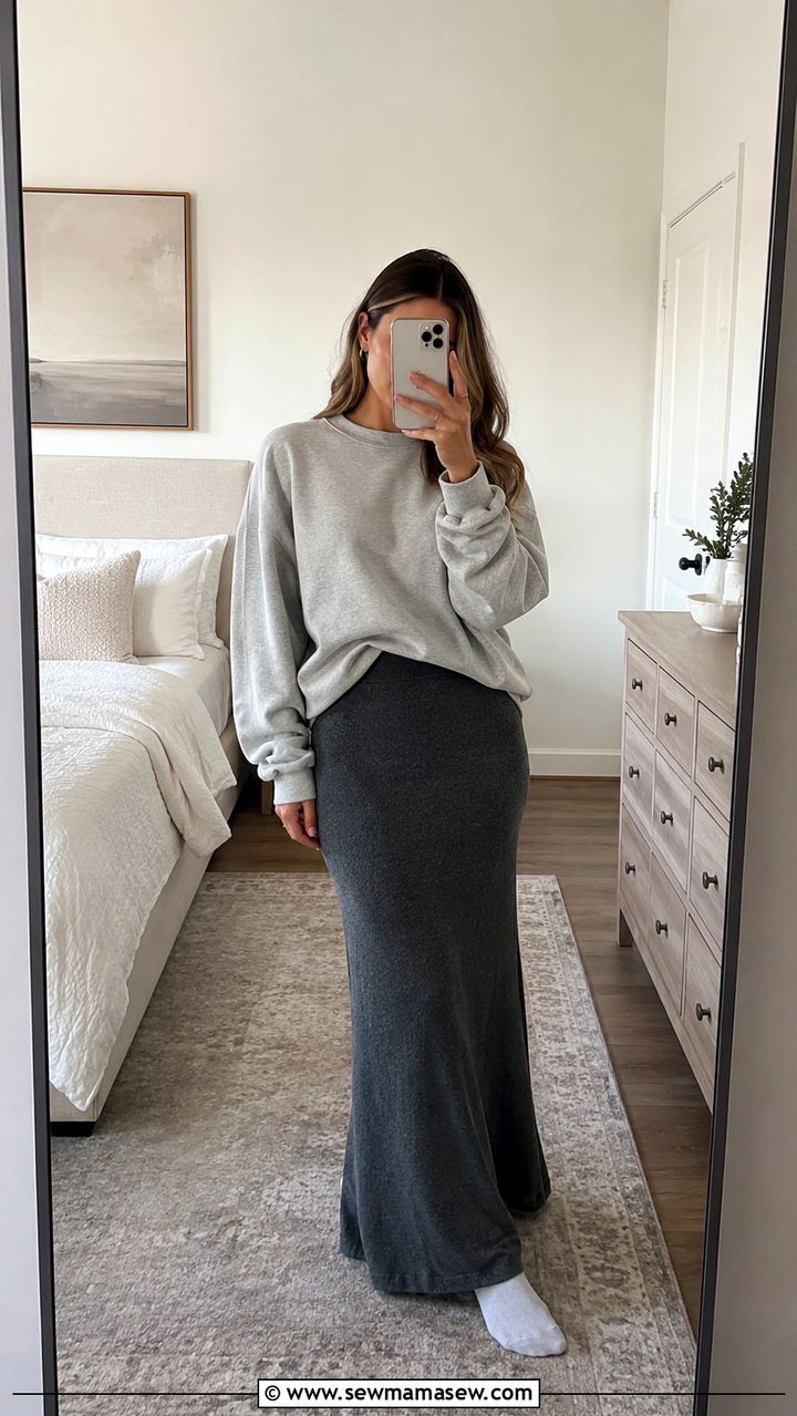 Crewneck Sweatshirt And Maxi Skirt - 25 Modest loungewear outfit ideas