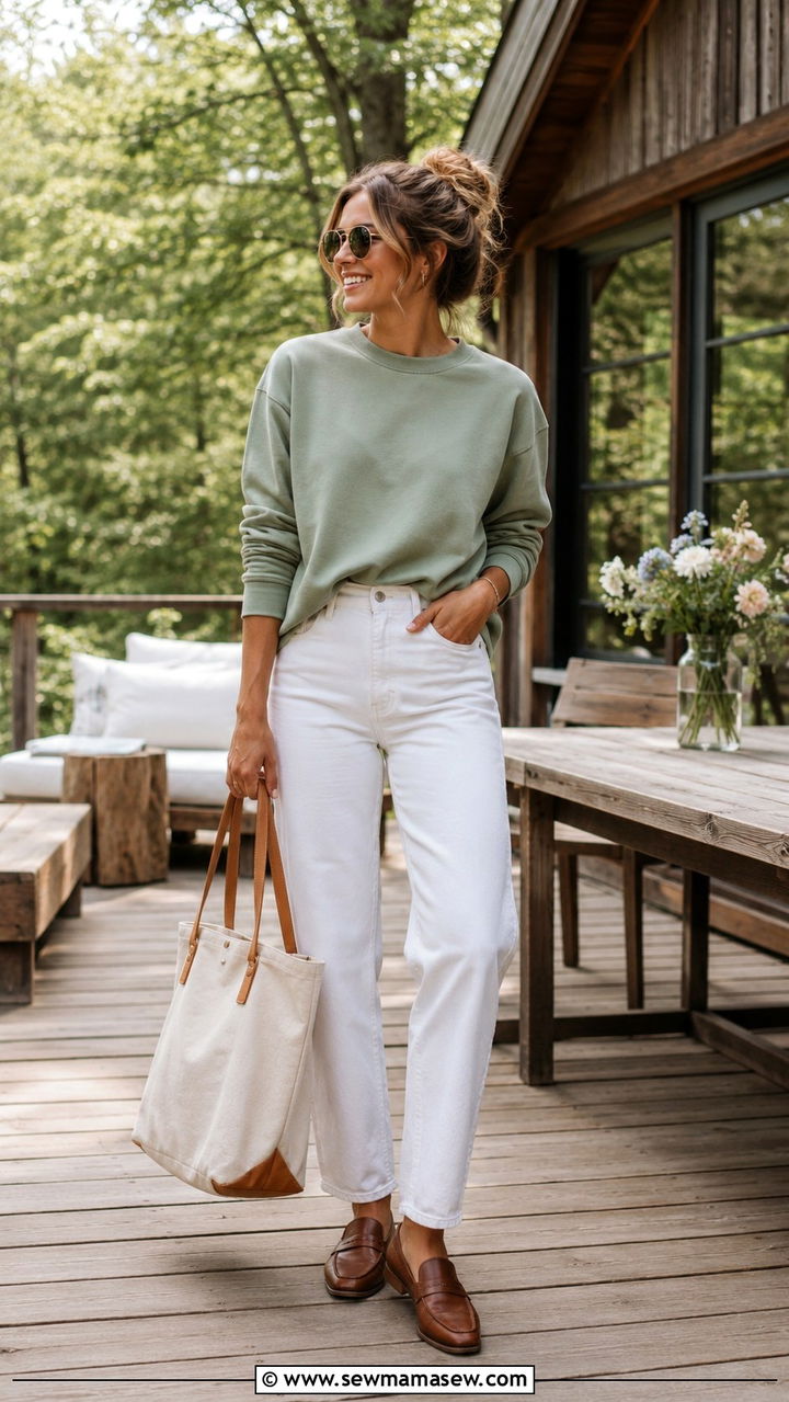 Crewneck Sweatshirt Outfit with White Jeans and Loafers - 30 Spring cabin weekend outfits